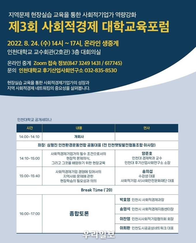 인천대 '사회적경제 선도대학, 후기산업사회연구소 공개세미나 개최 ⓒ 인천대 제공