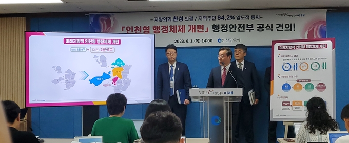 유정복 인천시장이 행정 체제 개편에 따른 브리핑을 하고 있다. ⓒ 우리일보 db