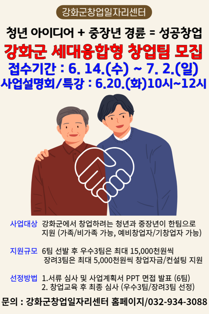 강화군창업·일자리센터에서 ‘세대융합형 창업지원 사업’ 참여자를 모집한다. ⓒ 강화군 제공