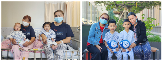 부천세종병원에서 심장 수술을 받은 몽골 국적 환아·보호자(사진 왼쪽)와 필리핀 국적 환아·보호자가 회복 후 기념촬영하고 있다.ⓒ부천세종병원 제공 