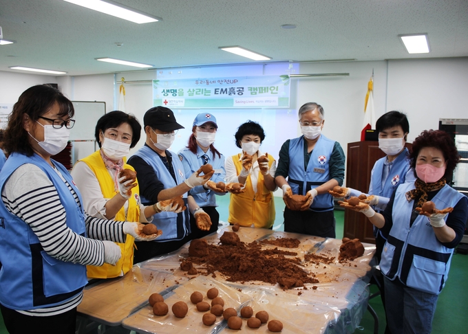 생명을 살리는 EM흙공 캠페인을 실시한 적십자사 서울지사와 사랑실은 교통봉사대.ⓒ대한적십자사 서울특별시지사 제공