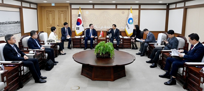 황효진 글로벌도시정무부시장이 1일 시청 접견실에서 중국 웨이하이시 량 하오 부시장과 문화·체육·관광 교류 활성화 협력방안을 논의하고 있다. ⓒ 인천시 제공