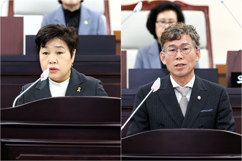 윤재실 · 최훈의원이 제 274회 제1차 본회의에서 의장 자유발언을 하고 있다. ⓒ 동구의회 제공