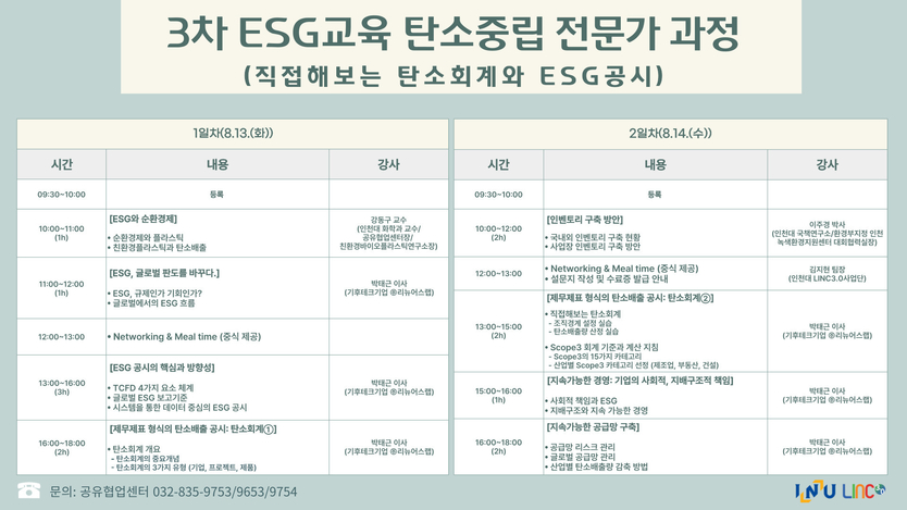 3차 ESG교육 탄소중립 전문가 과정 일정표 ⓒ 인천대 제공