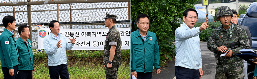유정복 인천시장이 관계자들과 9월 18일 강화군 송해면 당산리 대남 소음방송 현장을 찾아 군관계자로부터 현황을 보고받고 현장을 점검하고 있다. ⓒ 인천시 제공