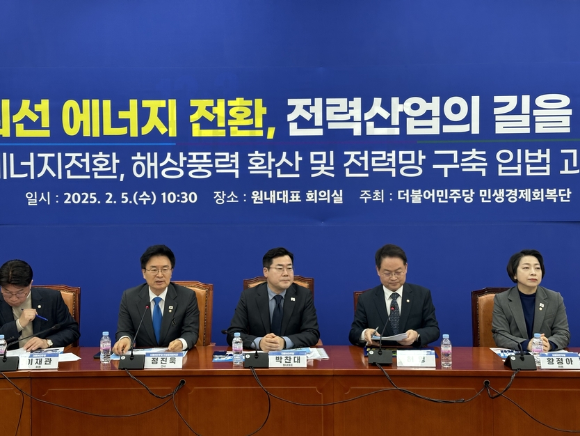 정진욱 더불어민주당 민생경제회복단 간사(왼쪽에서 두번째)가 더불어민주당 원내대표 회의실에서 열린 멈춰선 에너지 전환 및 전력산업의 길을 찾기 위한 제7차 현장 및 전문가 간담회에서 발언을 하고 있다.(사진=정진욱의원사무실)