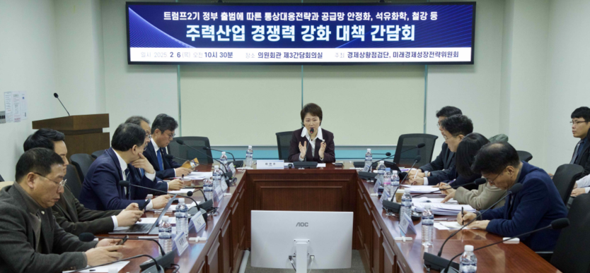 더불어민주당 경제상황점검단(단장 이언주 최고위원)이 6일 트럼프2기 정부 출범에 따른 통상대응전략과 공급망 안정화, 석유화학‧철강 등 주력산업 경쟁력 강화 대책 간담회를 진행하고 있다.(사진=이언주의원사무실)