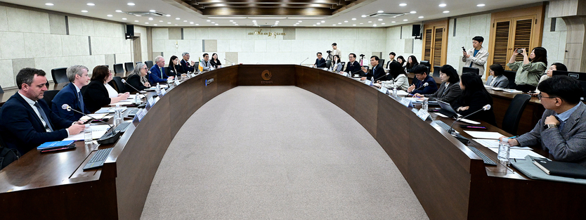 황효진 글로벌도시정무부시장이 1일 시청 영상회의실에서 티미 둘리 아일랜드 농식품해양부 차관과 협력방안을 논의하고 있다. ⓒ 겐트대 제공