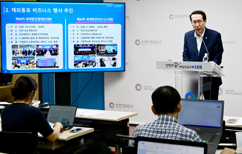 김영신 국제협력국장이 3일 시청 브리핑룸에서 국제협력국 소관 현안과 관련해 기자브리핑을 하고 있다. ⓒ 인천시 제공