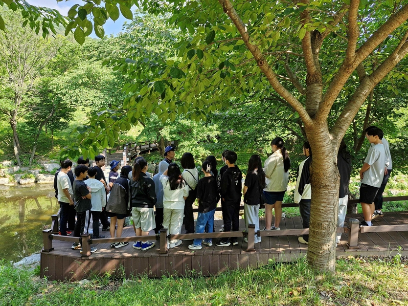 제암산자연휴양림에서 김 진 숲해설가가 청소년들을 대상으로 숲 해설을 하고 있다ⓒ보성군 제공
