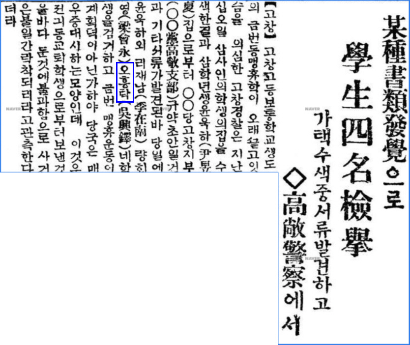 ‘동아일보’ 1929년 6월 27일자 중 오흥탁 선생이 고창고등보통학교 동맹휴학 사건으로 학우들과 함께 체포된 내용이 기술되어 있다ⓒ고창군 제공
