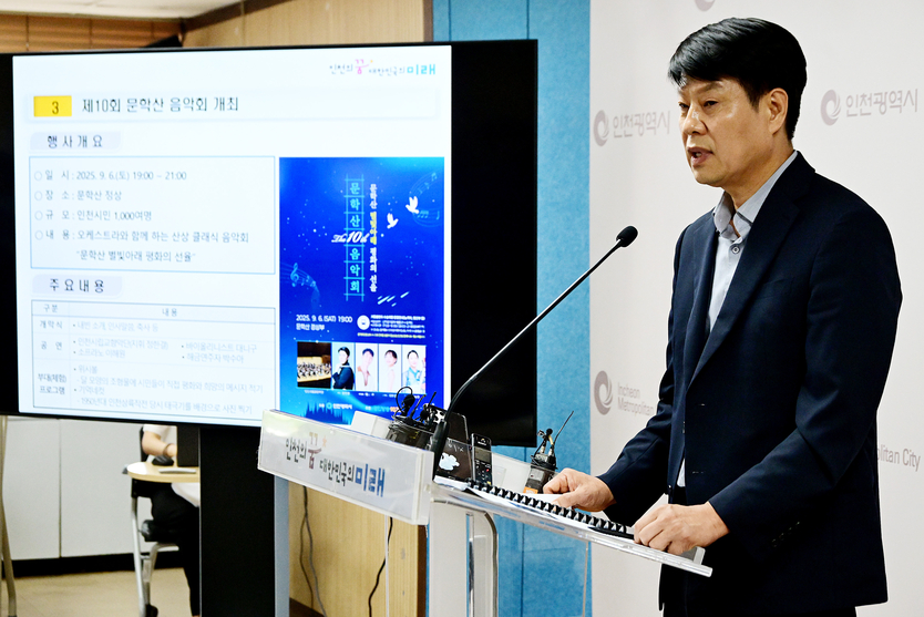 윤도영 문화체육국장이 2일 시청 브리핑룸에서 문화체육국 소관 현안과 관련해 기자브리핑을 하고 있다. ⓒ 인천시 제공