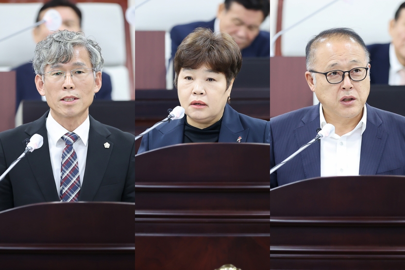 최훈 의원, 윤재실 의원, 원태근 의원이 각각 지역 현안과 발전 방안에 대한 의정자유발언을 하고 있다. ⓒ 동구의회 제공