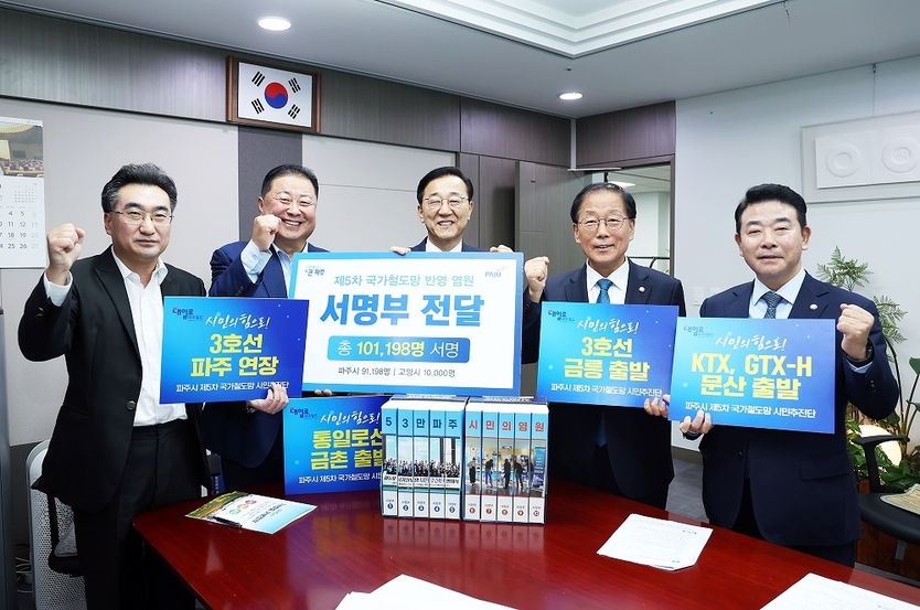  김경일 파주시장과 관계자들이 3호선 연장 등 4개 핵심 철도사업을 '제5차 국가철도망 구축계획'에 반영해달라는 시민 10만여 명의 염원을 담은 서명부를 국토교통부 전달했다. ⓒ 파주시 제공