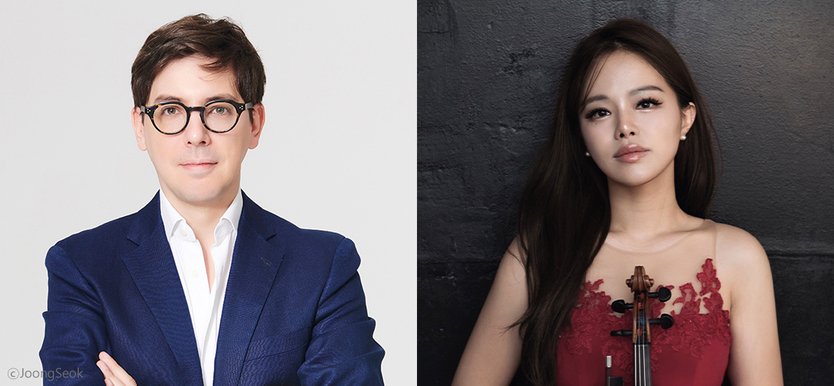 왼쪽부터 아드리앙 페뤼숑(지휘), 김계희(바이올린) ⓒ사진제공=부천시립예술단