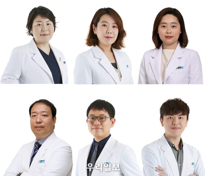 (상단 좌측부터) 순천향대 부천병원 김지선 외과 교수, 유정주 소화기내과 교수, 윤진아 종양혈액내과 교수 (하단 좌측부터) 임상혁 영상의학과 교수, 최덕현 내분비대사내과 교수, 한상수 응급의학과 교수 ⓒ순천향대 부천병원