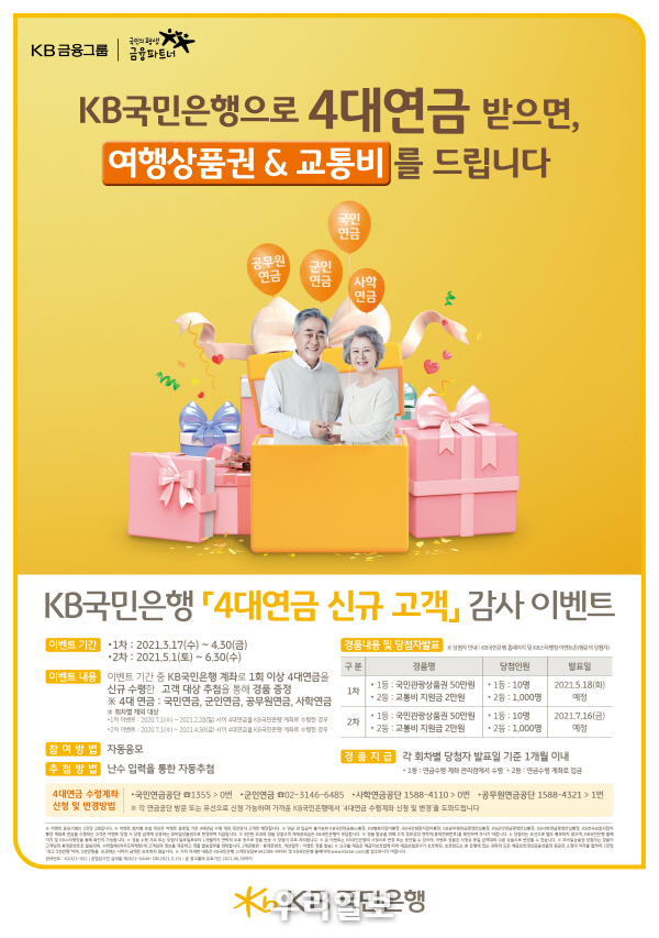 KB국민은행, 4대연금 신규고객 감사 이벤트 실시