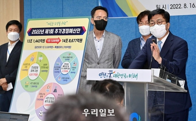안영규 행정부시장이 16일 시청 브리핑룸에서 열린 '2022년 인천시 제1회 추가경정예산안 설명회'에서 편성안에 대한 설명을 하고 있다.ⓒ 인천시청 제공