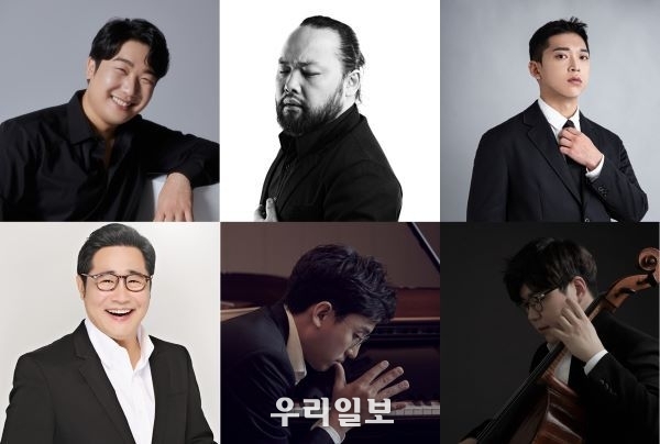 제7회 M클래식 축제 <노래의 날개 위에>에 출연하는 바리톤 김기훈, 베이스 바리톤 사무엘 윤, 피아니스트 정태양, <br>
테너 정의근, 피아니스트 김정원, 첼리스트 심준호
